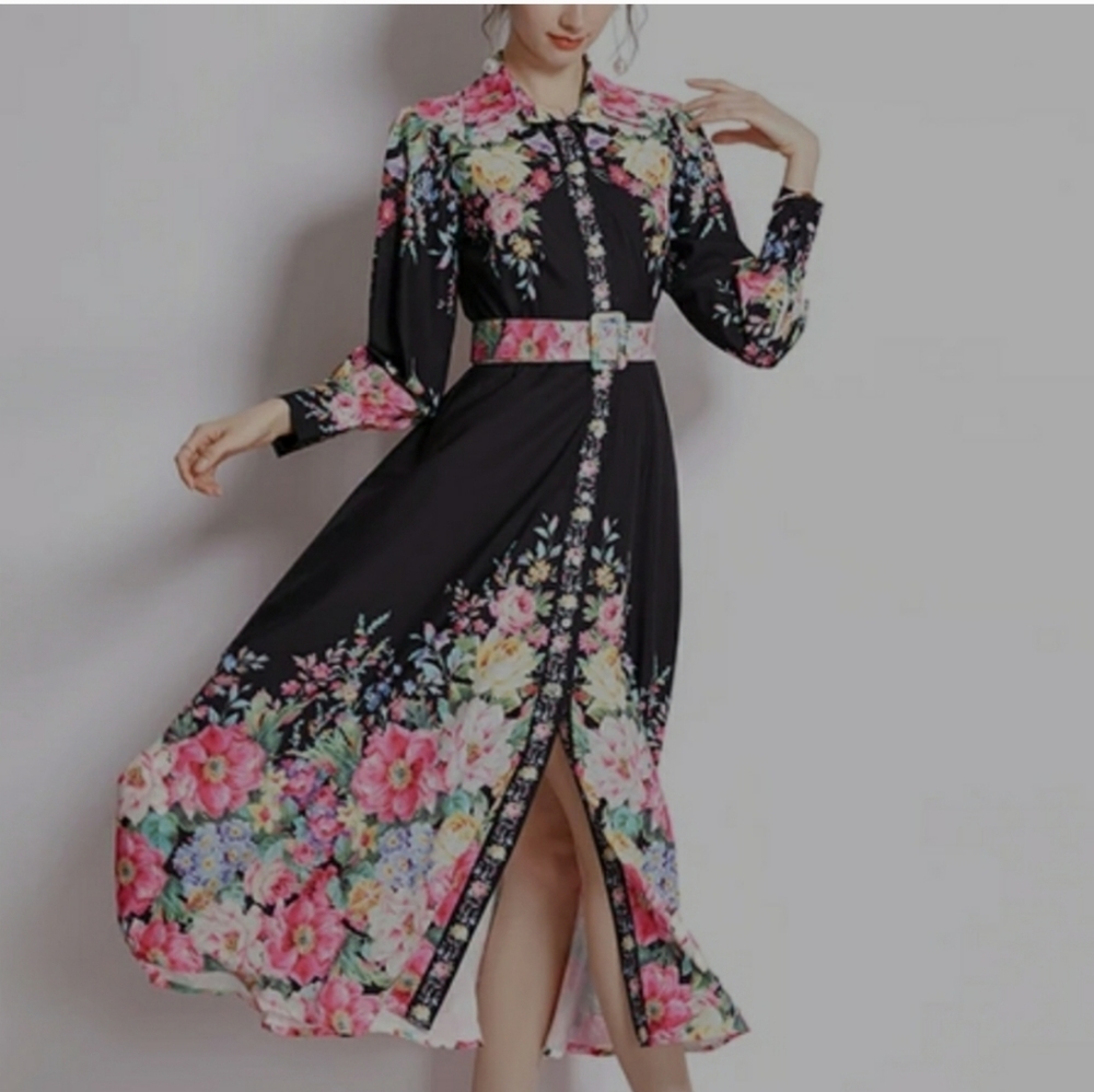 Nwt Dalia MacPhee Dress Large Black Pink Floral Button-Front  Long Sleeve Mi… - Picture 12 of 13